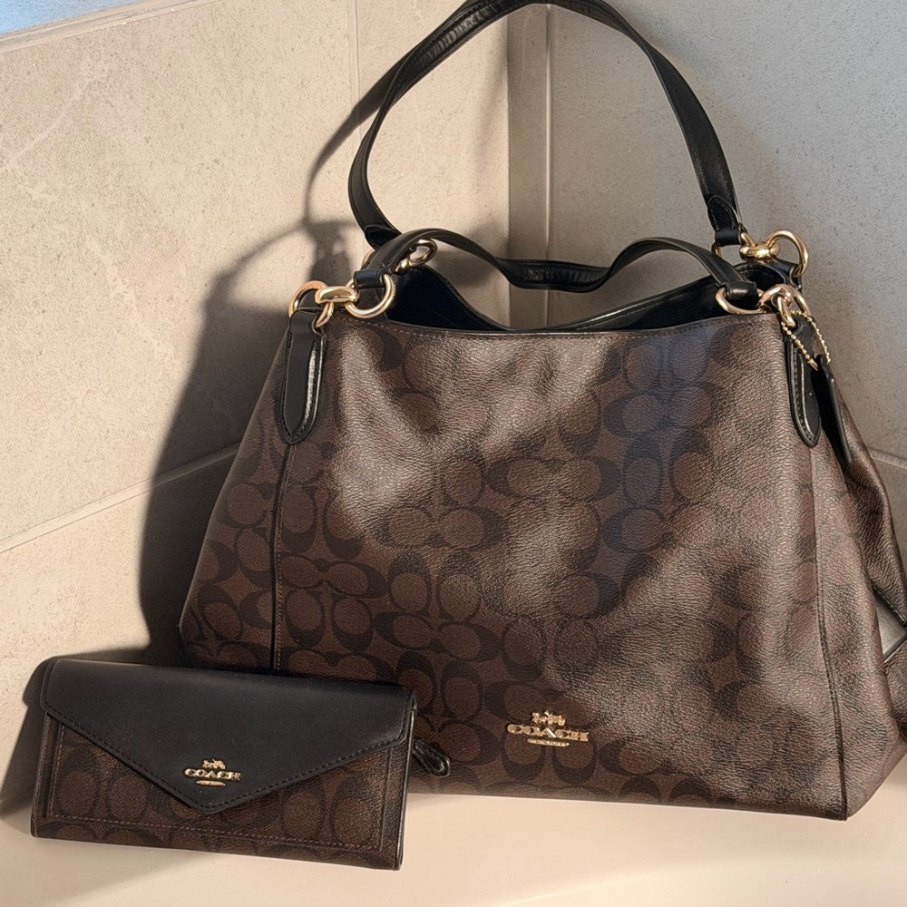 Coach Brown and Black Signature Shoulder Bag